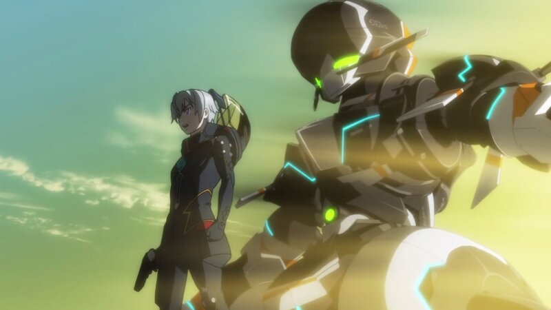 Anime Character with Robot — Green, Dramatic, Sunset