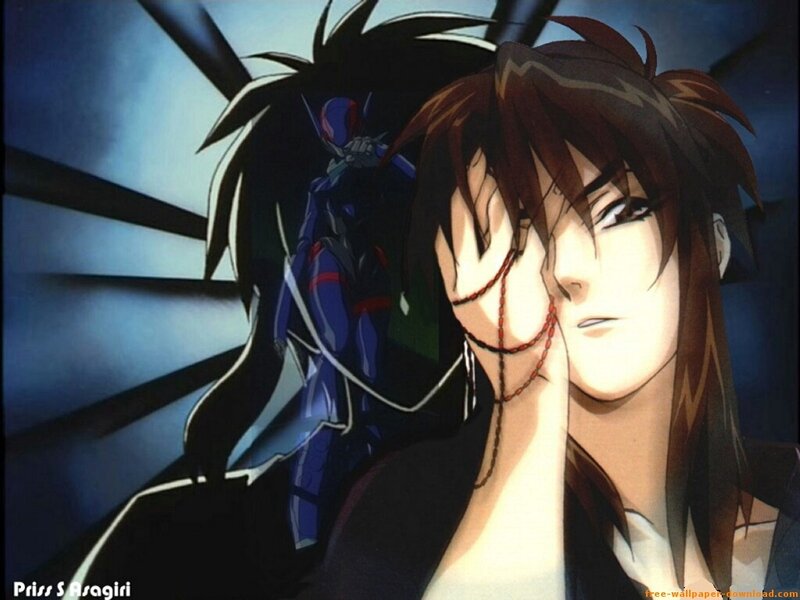 anime character with robot in background