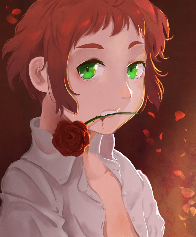 Anime Character with Rose — Red, Dramatic, Digital Art, Petals