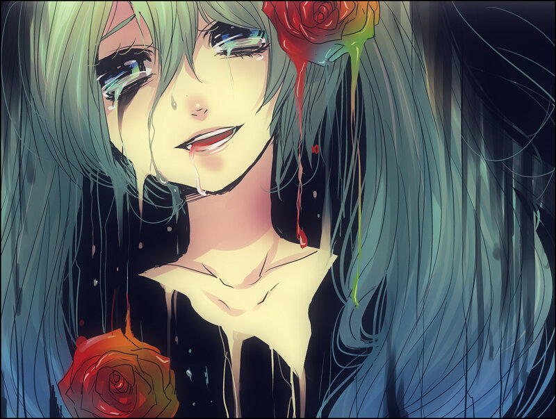 Anime Character with Roses — Blue, Dramatic, Digital Art