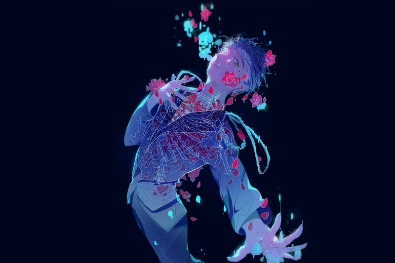 Anime Character with Roses — Blue, Dramatic, Night