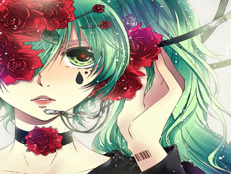 Anime Character with Roses — Green