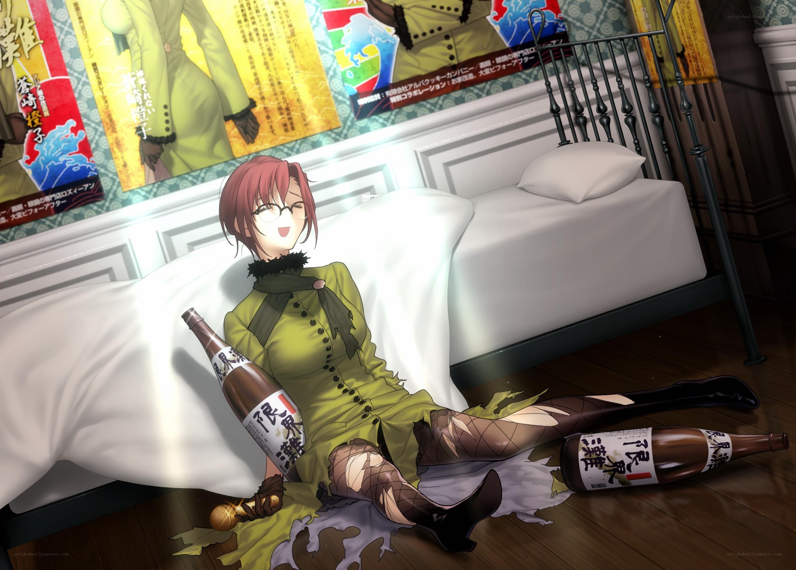 Anime character with sake bottles