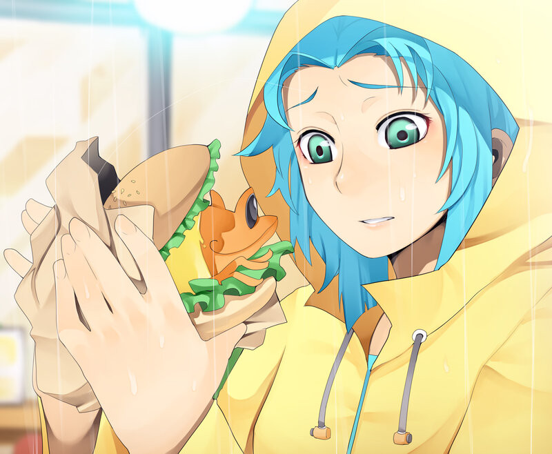anime character with sandwich in rain