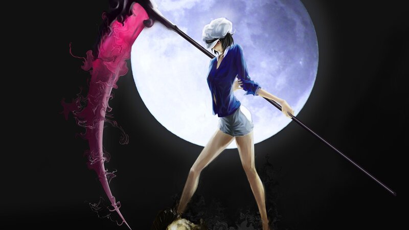 Anime Character with Scythe — Black, Dramatic, Night, Digital Art, Moon, Smoke, Blue