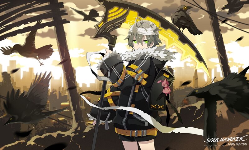 Anime Character with Scythe — Black, Dramatic, Sunset