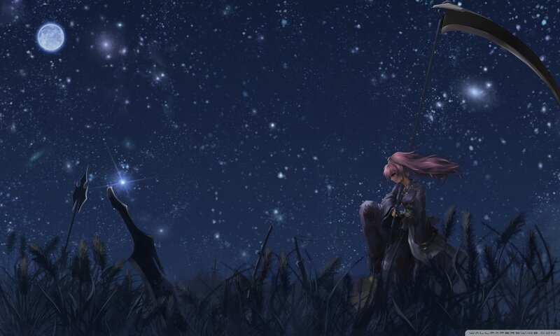 Anime Character with Scythe — Blue, Serene, Dramatic