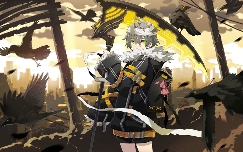 anime character with scythe in ruins