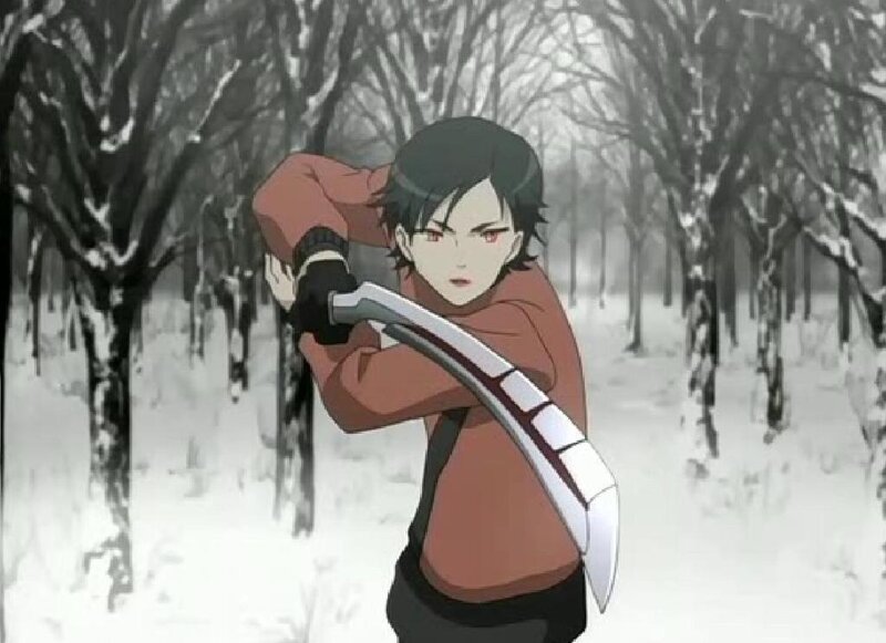 anime character with scythe in snow