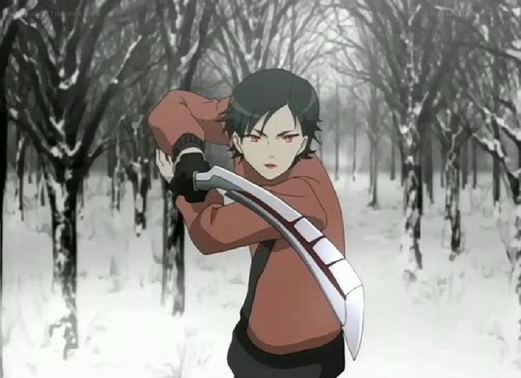 anime character with scythe in snow