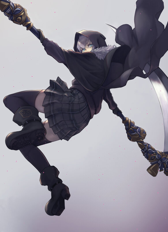 Anime Character with Scythe — Purple, Dramatic, Digital Art, Plaid Skirt