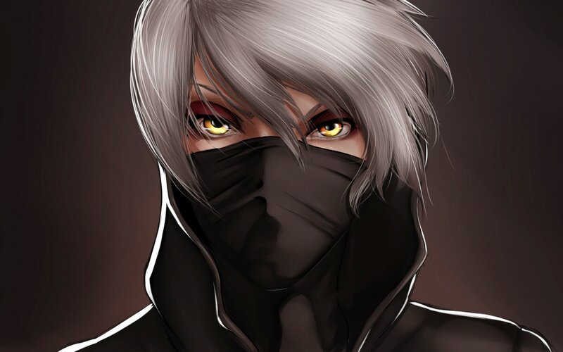 Anime Character with Silver Hair — Black, Dramatic, Digital Art, Mask, Hoodie