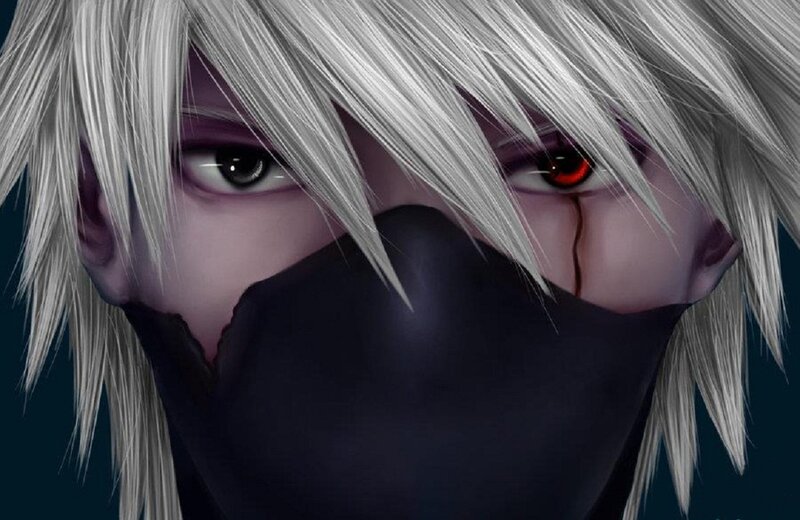 Anime Character with Silver Hair — Black, Dramatic, Digital Art, Mask