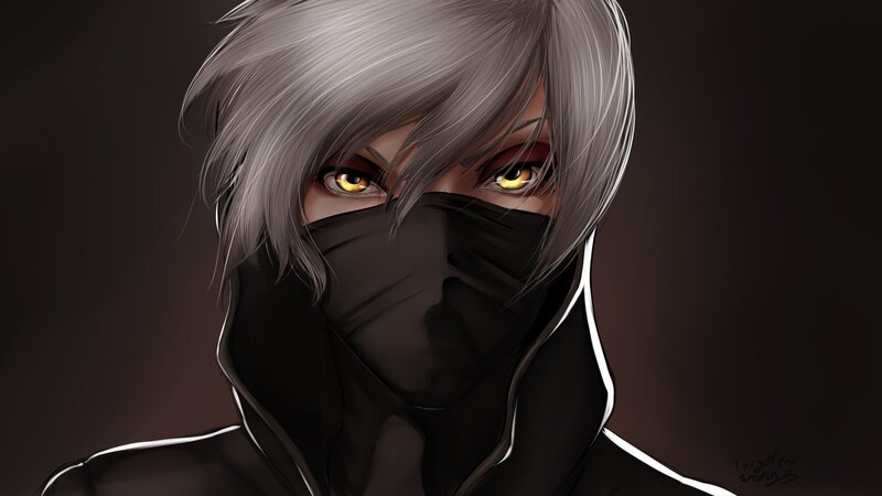 Anime Character with Silver Hair — Black, Dramatic, Digital Art, Mask, Yellow Eyes