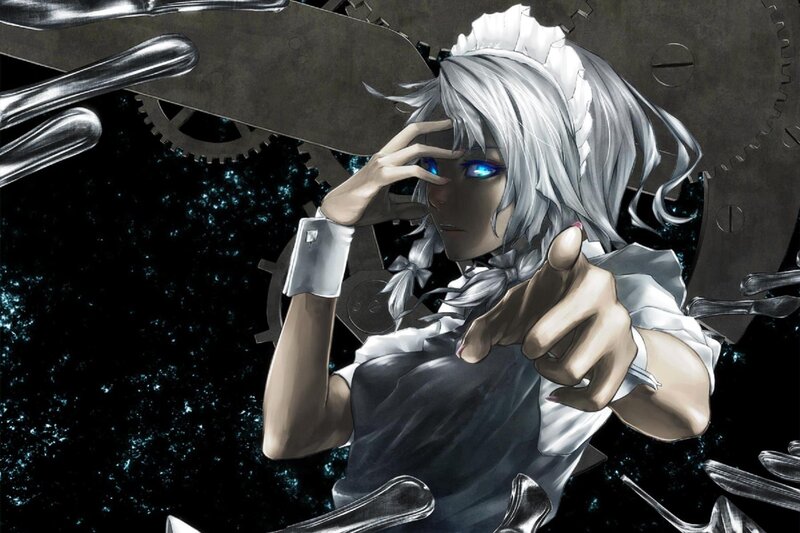 Anime Character with Silver Hair — Black, Dramatic, Digital Art, Mechanical Gears