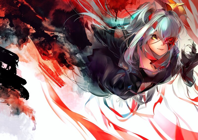 Anime Character with Silver Hair — Red, Dramatic, Digital Art