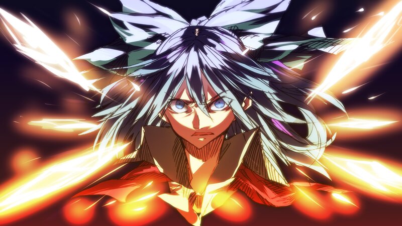Anime Character with Silver Hair — Red, Dramatic, Fire, Energy