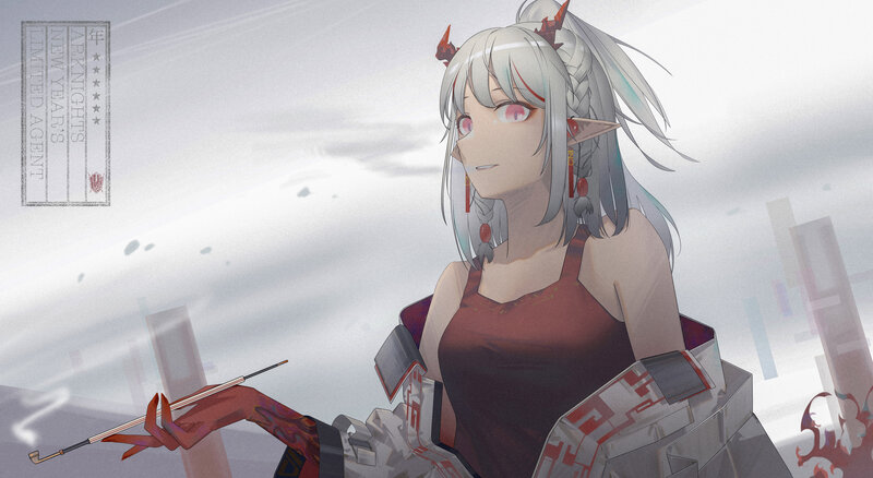 Anime Character with Silver Hair — White, Dramatic, Digital Art, Red Eyes, Horned Headpiece