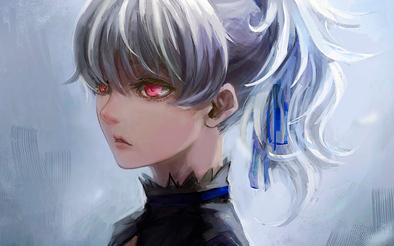 Anime Character with Silver Hair — White, Dramatic, Digital Art, Red Eyes