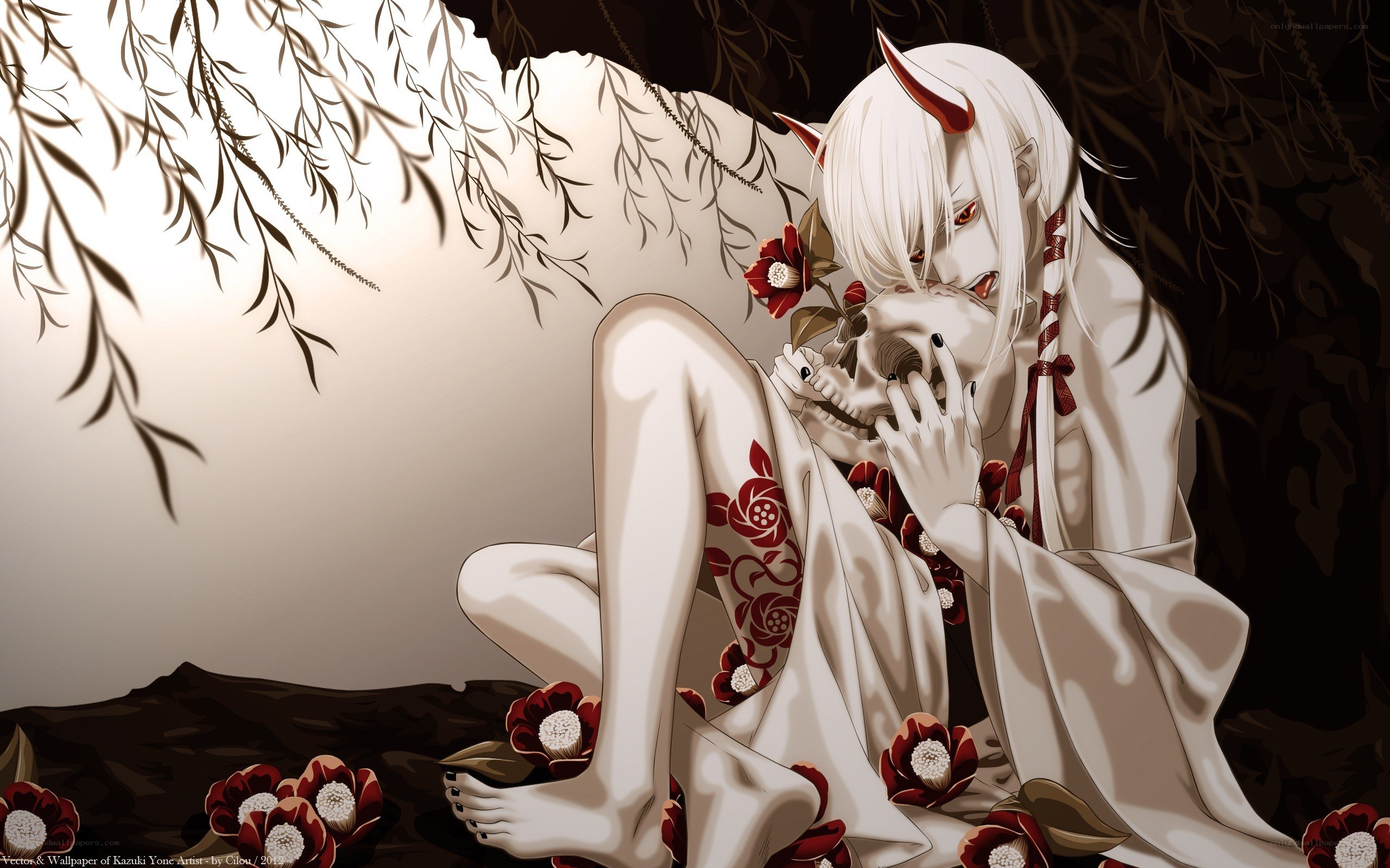Anime character with skull and flowers