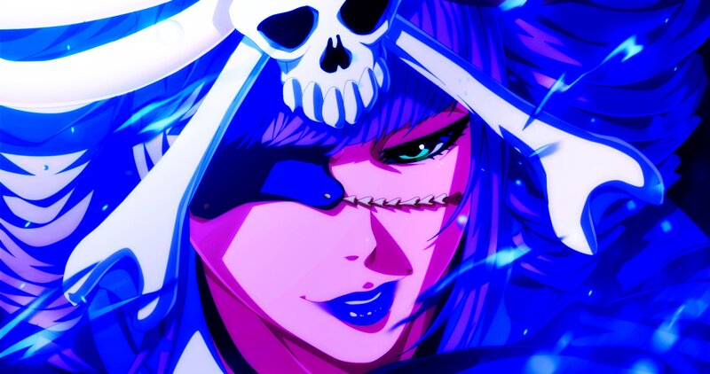 Anime Character with Skull — Blue, Dramatic