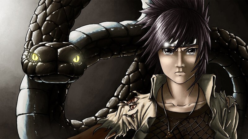 Anime Character with Snake — Black, Dramatic, Manga, Headband, Torn Clothing, Gray