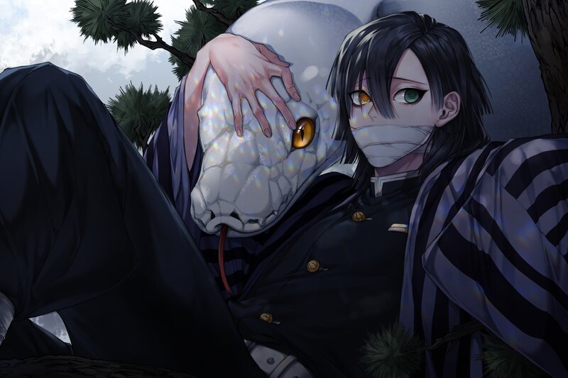 Anime Character with Snake — Black, Dramatic, Night