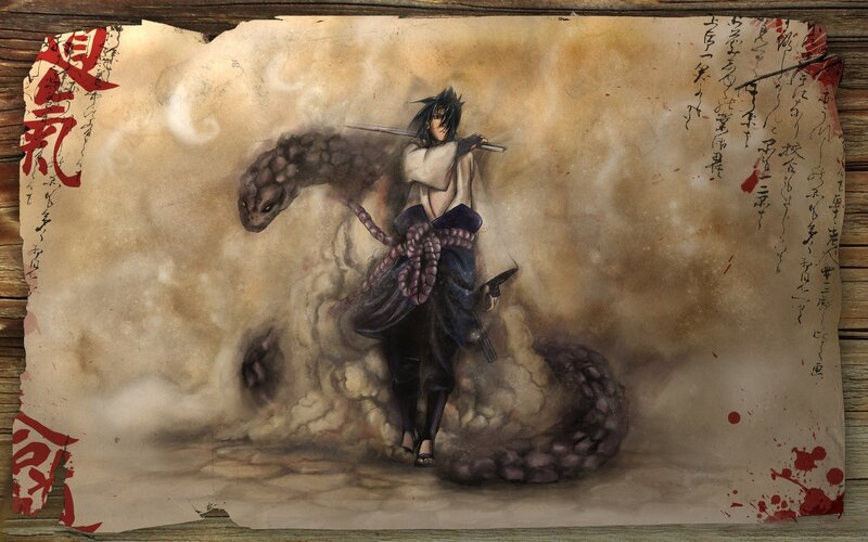 Anime Character with Snake — Brown, Dramatic, Manga, Sword, Scroll