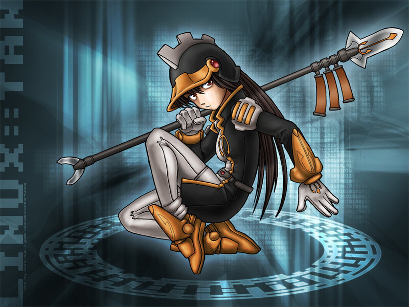 Anime Character with Spear — Black, Dramatic, Binary Code