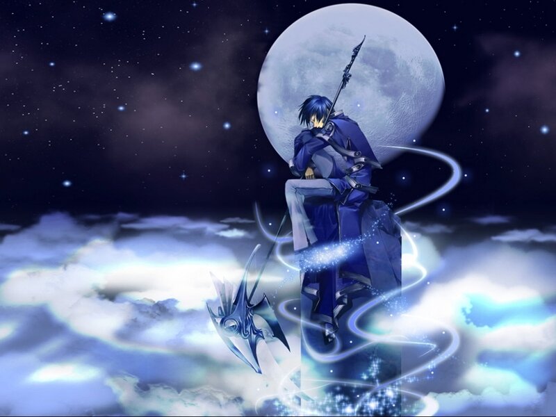 Anime Character with Spear — Blue