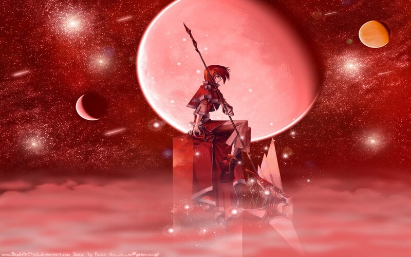 Anime Character with Spear — Red, Dramatic, Night, Red Moon