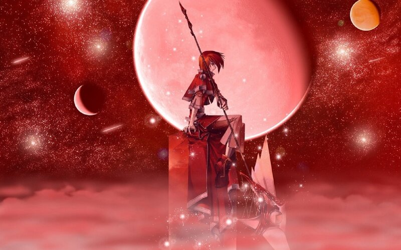 Anime Character with Spear — Red, Dramatic, Night