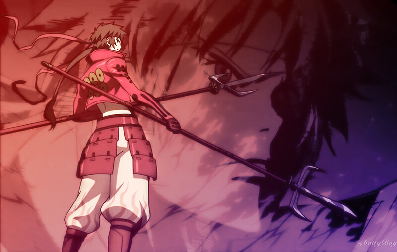 Anime Character with Spear — Red, Dramatic