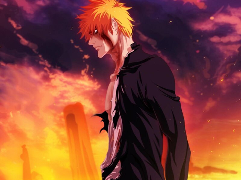 Anime Character with Spiky Hair — Orange, Dramatic, Sunset