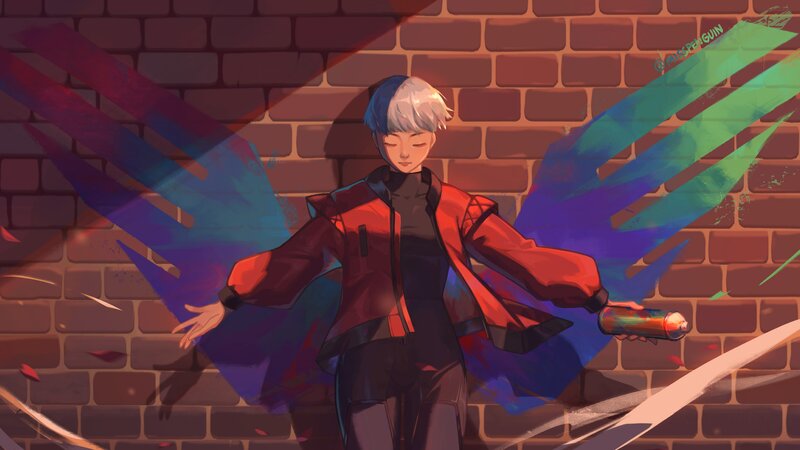 Anime Character with Spray Can — Red, Dramatic