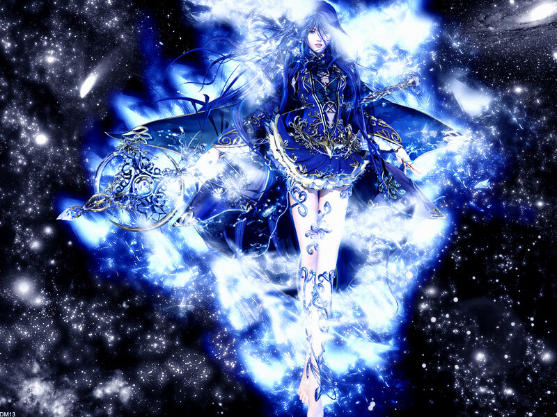 Anime Character with Staff — Blue, Dramatic, Digital Art