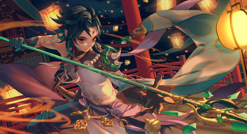 Anime Character with Staff — Green, Dramatic, Night