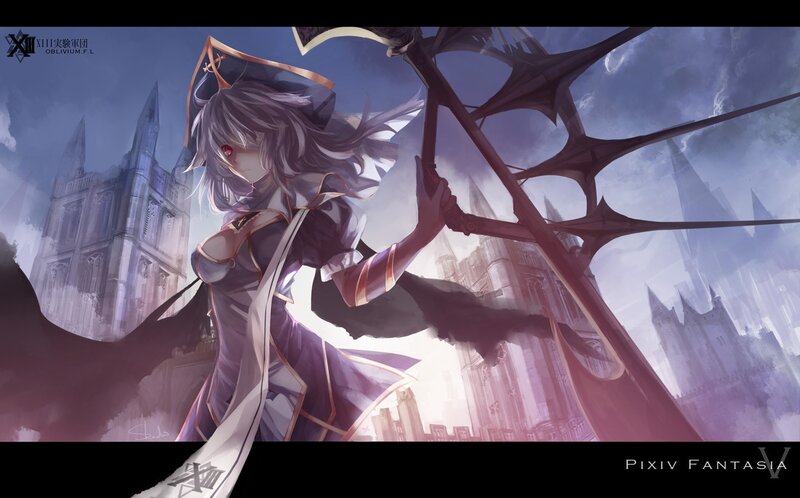 Anime character with staff in fantasy city
