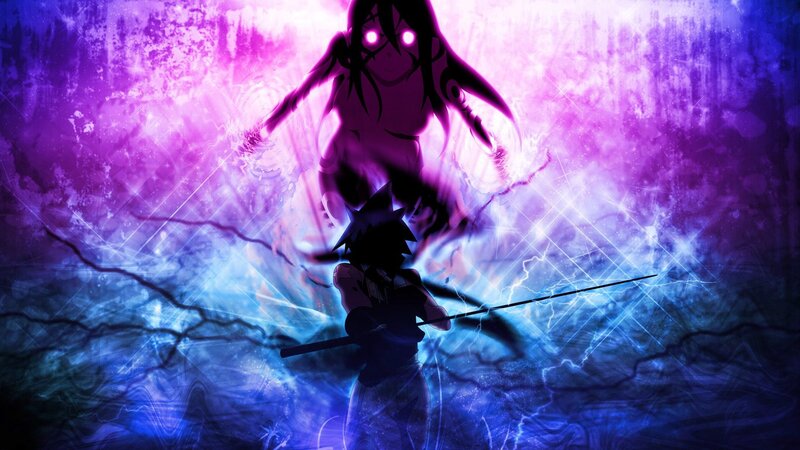 Anime Character with Staff — Purple, Dramatic, Intense