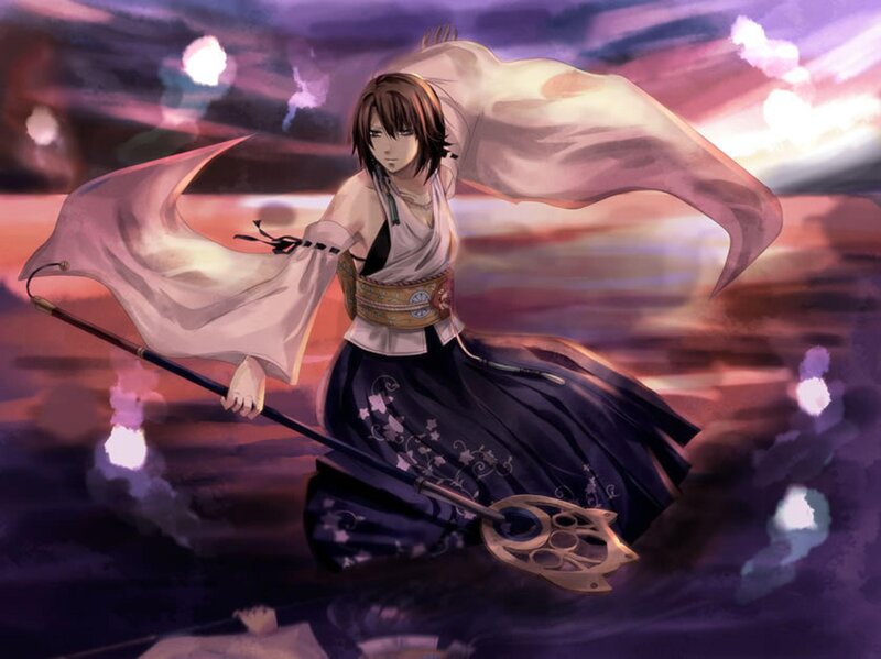 Anime Character with Staff — Purple, Dramatic, Sunset
