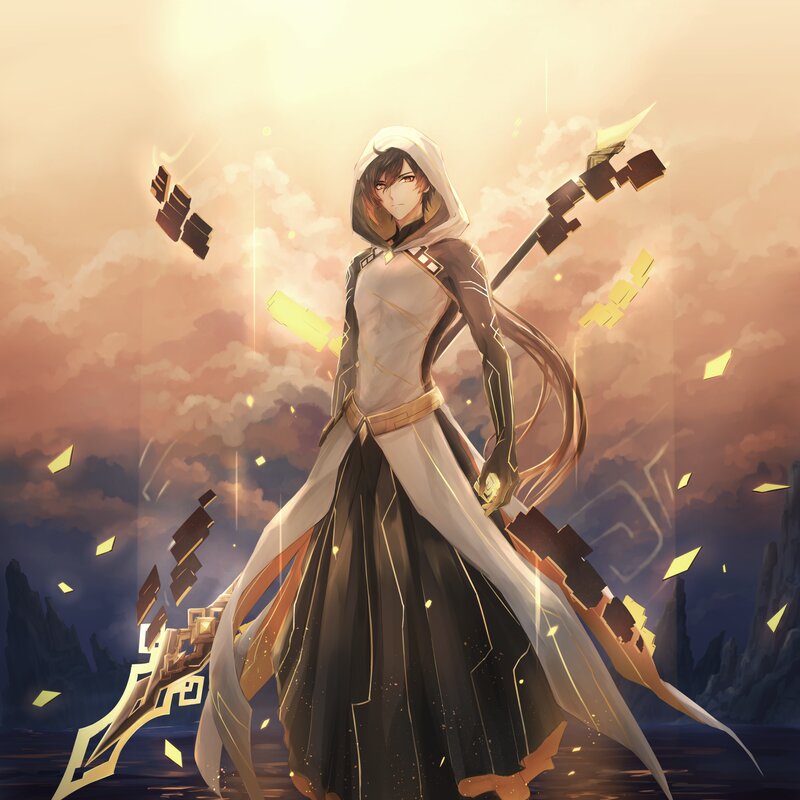 Anime Character with Staff — White, Dramatic, Sunset