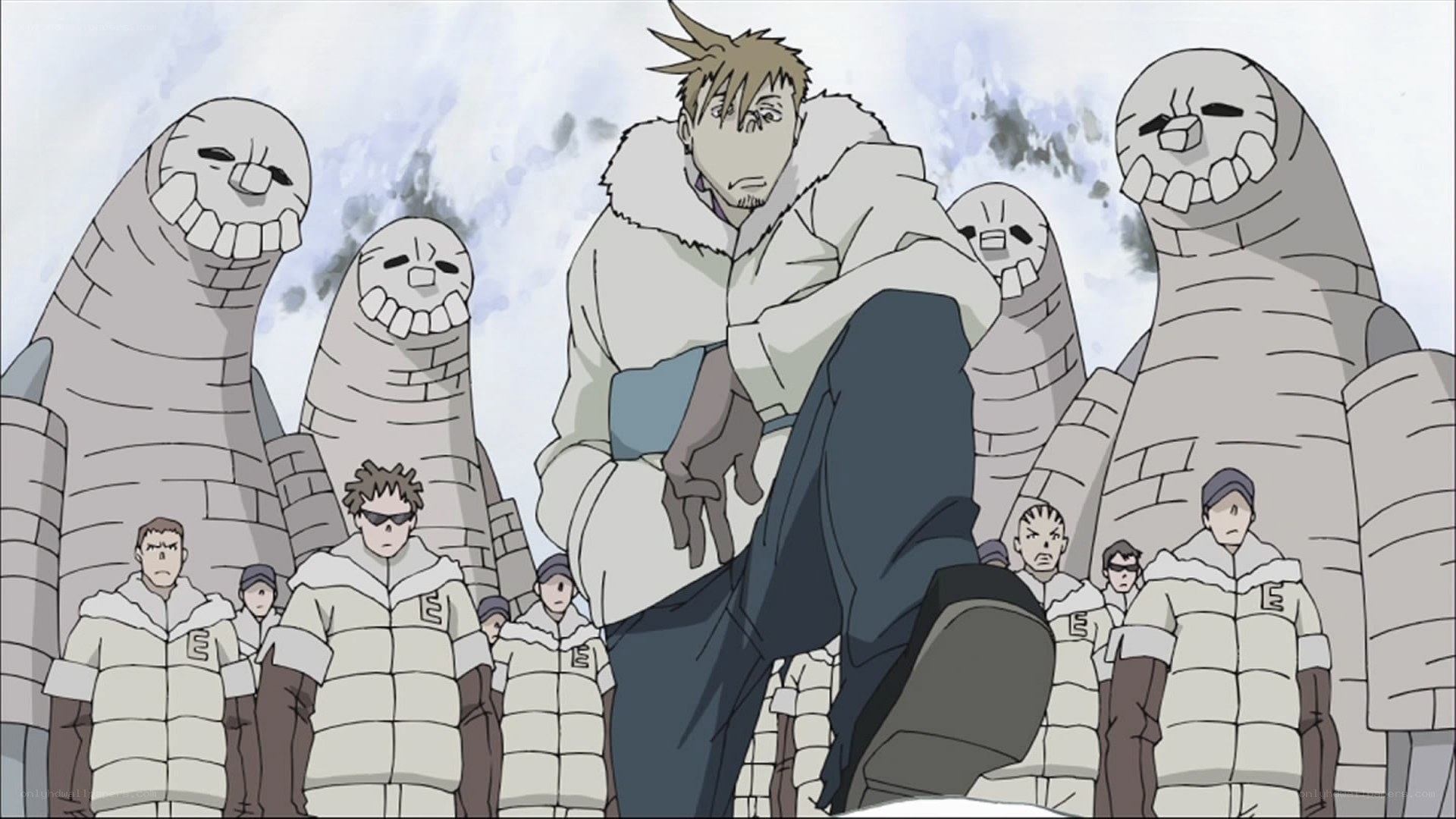 anime character with stone creatures