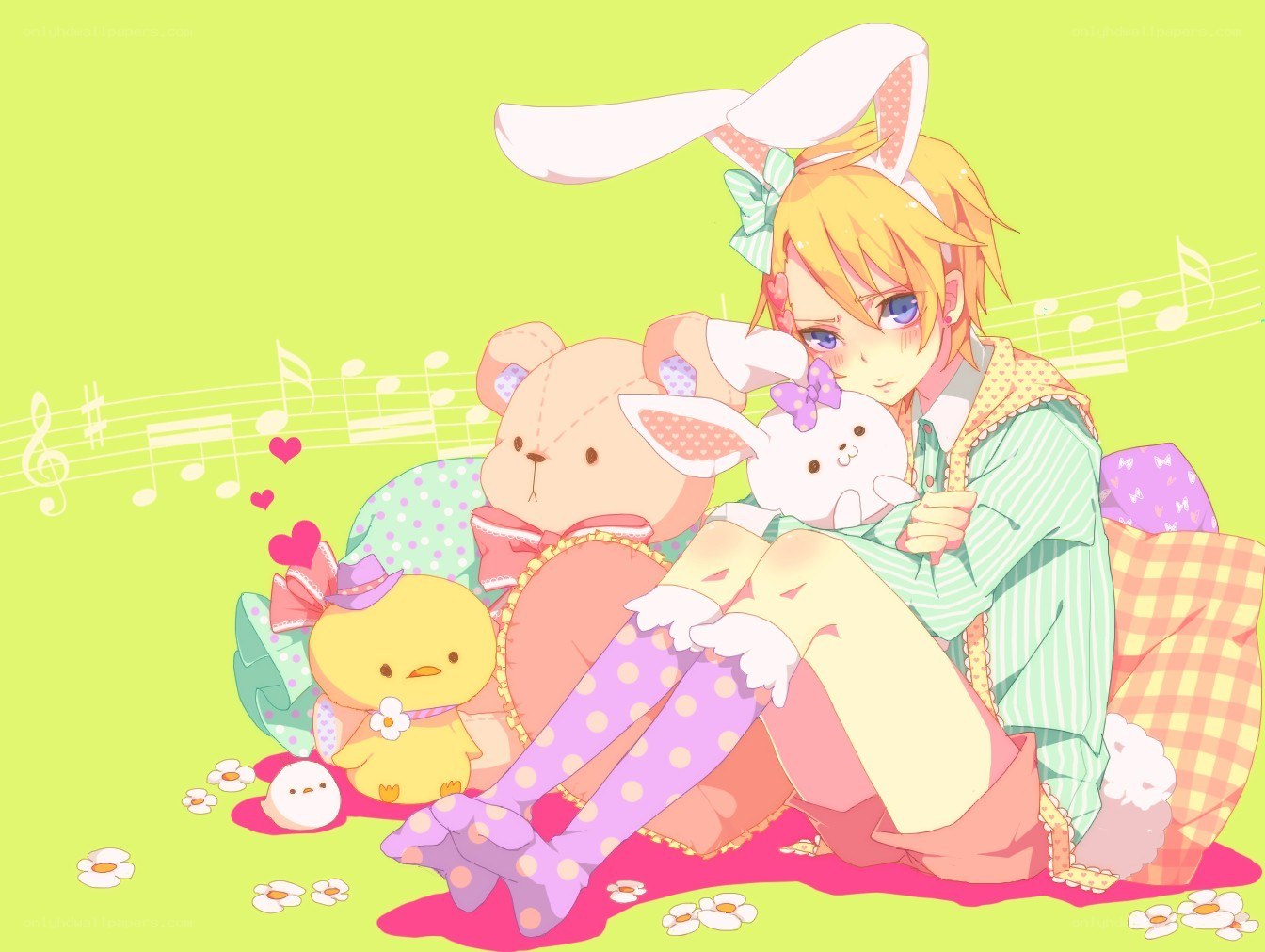 Anime character with stuffed animals