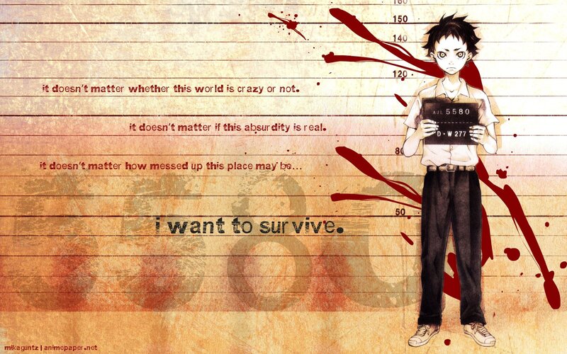 Anime character with survival quote