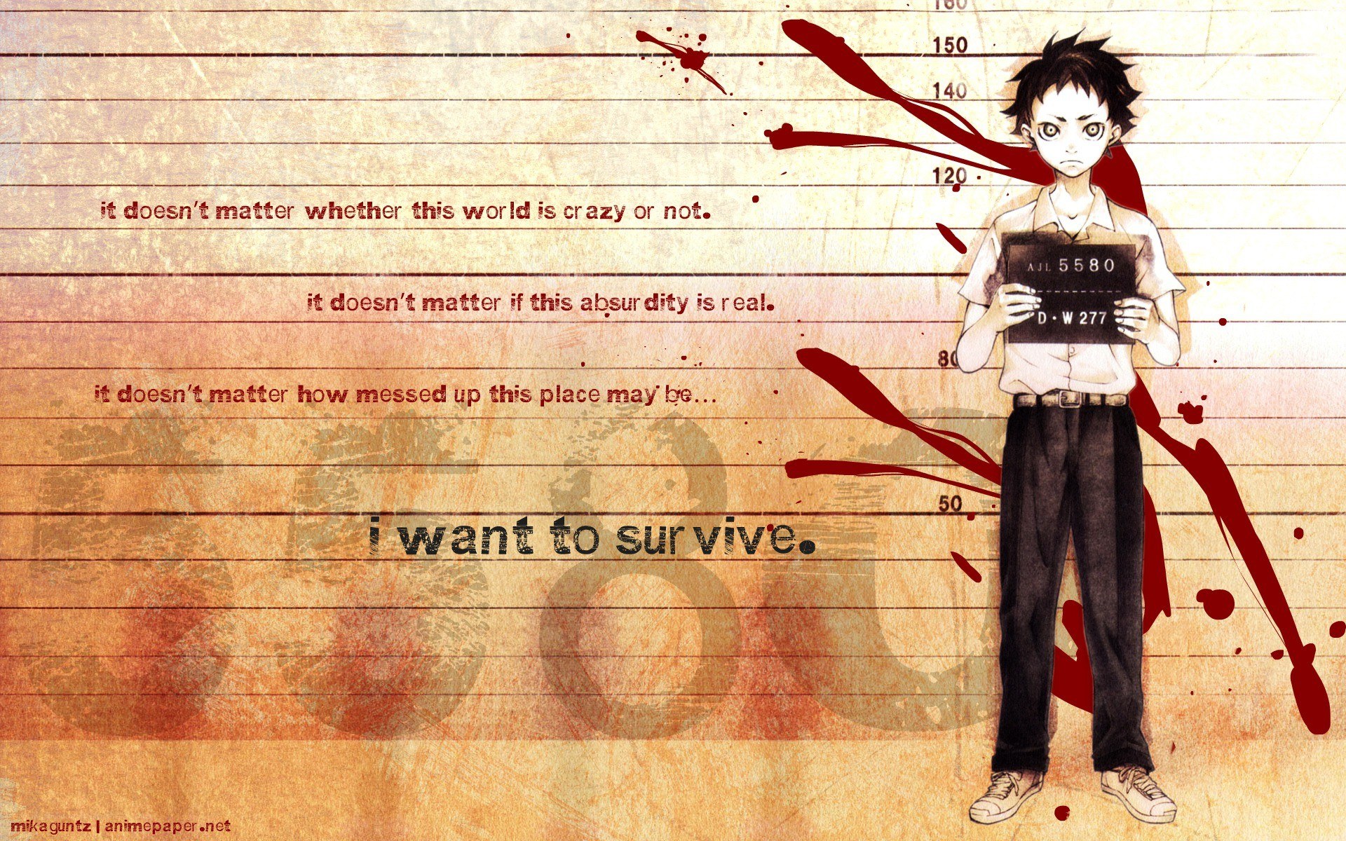 Anime character with survival quote