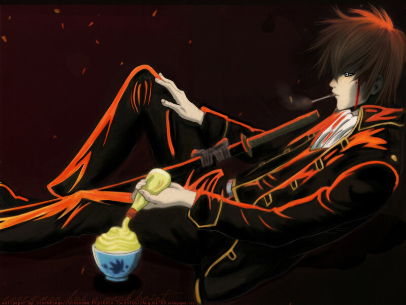 anime character with sword and food