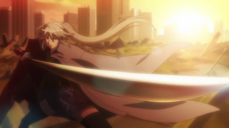 anime character with sword at sunset