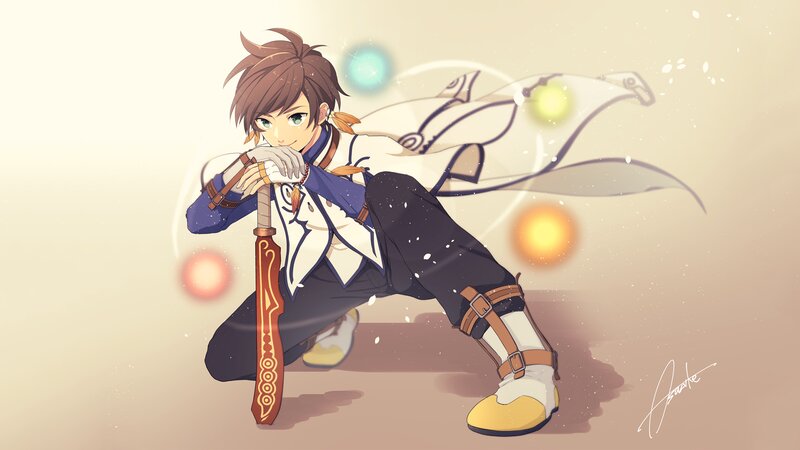Anime Character with Sword — Beige, Dynamic
