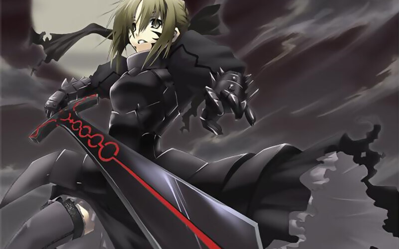 Anime Character with Sword — Black, Dramatic, Armor, Dark Sky