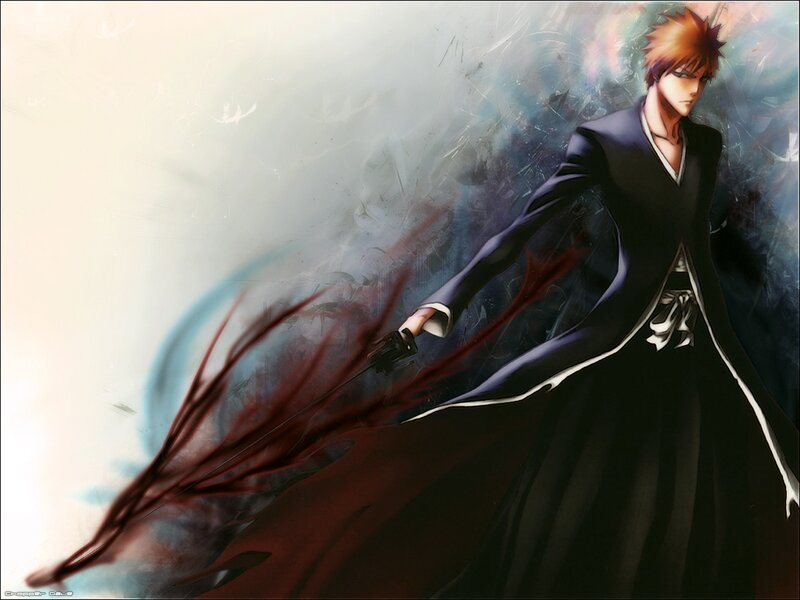 Anime Character with Sword — Black, Dramatic, Black Robe, Spiky Hair
